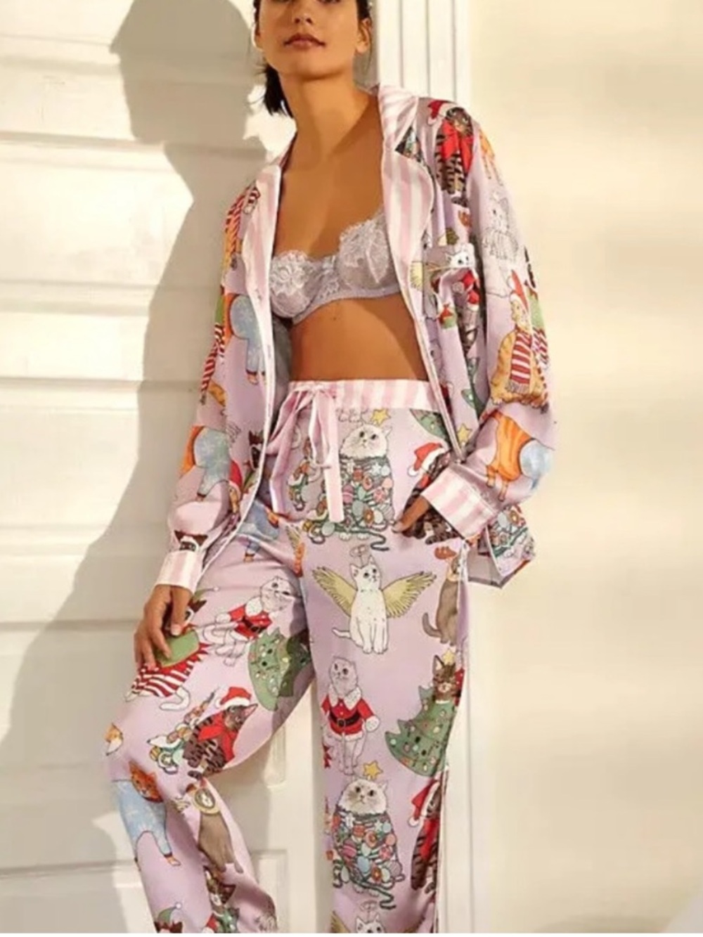 Karen Mabon Lavender Christmas Cat Print Satin Pajama Set with Pink Stripe Trim